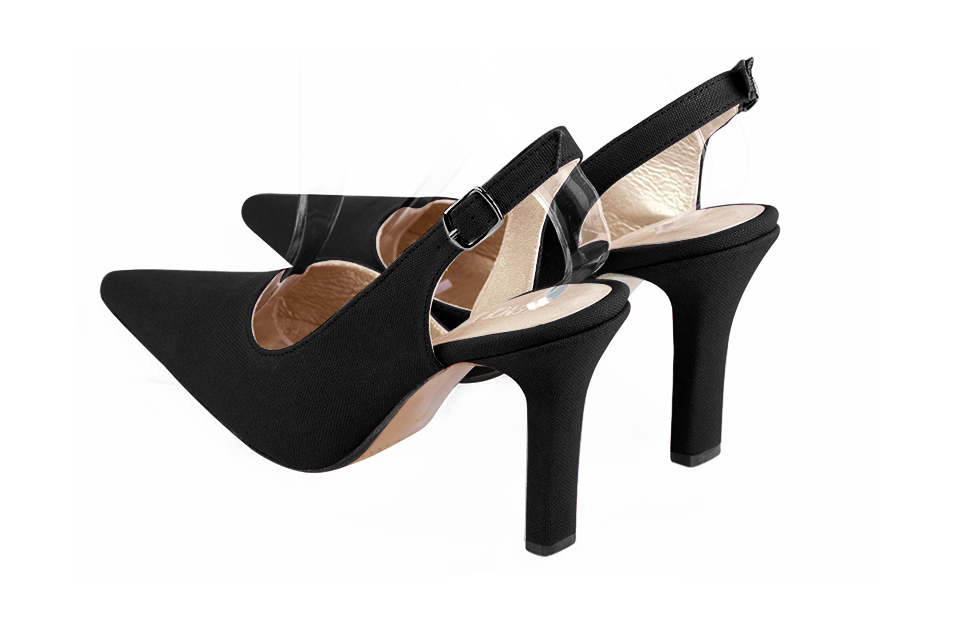 Matt black women's slingback shoes. Pointed toe. Very high slim heel. Rear view - Florence KOOIJMAN